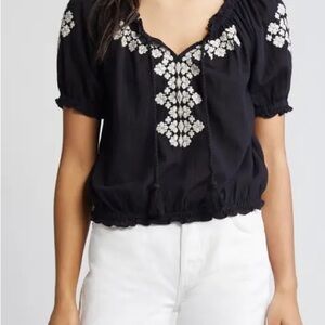 Lucky Brand Black Blouse with White Floral Design